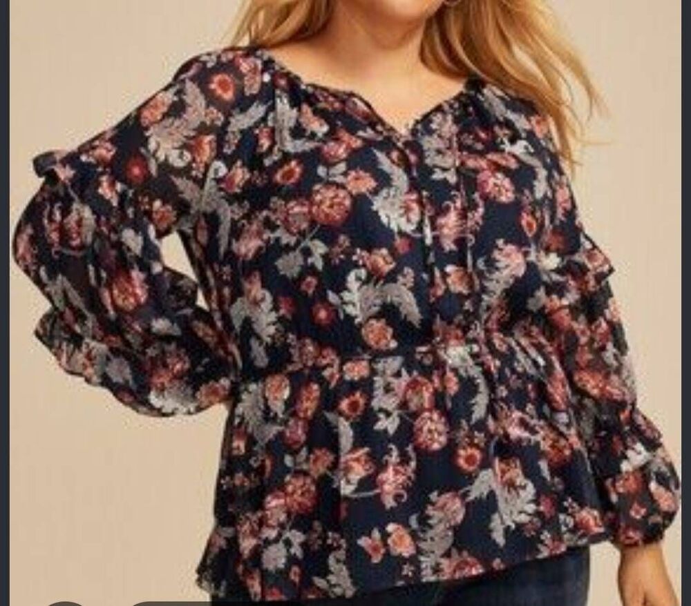 Maurices Navy Floral Peasant Blouse with Rose Print Size 2X (R)